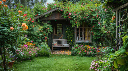 A garden house with a quaint bench in the garden, surrounded by blooming flowers and greenery.の素材