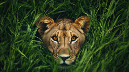 Top view of a lioness hiding in tall grass, only her eyes and ears visible, stalking unseen preyの素材