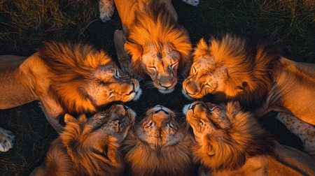 Top view of a lion pride interacting with each other, with grooming and playful gesturesの素材