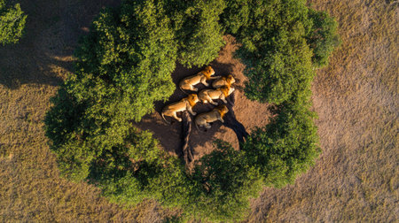 Top view of a lion pride resting under a large acacia tree, with scattered leaves and shadeの素材
