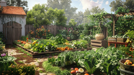 A garden house with a lush vegetable garden, showcasing a variety of home-grown produce.の素材