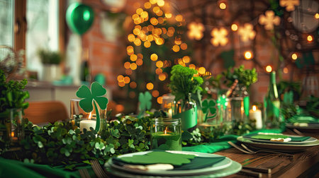 St. Patrick's Day decorations with shamrocks, green banners, and festive table setup.の素材