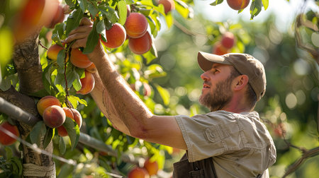 Orchard worker inspecting the quality of nectarines on a treeの素材