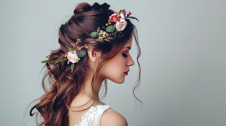 A woman with a half-up, half-down hairstyle, adorned with floral accessoriesの素材