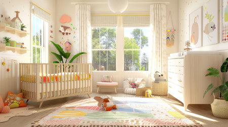Bright and airy nursery with a crib, colorful decor, and soft textures, providing a comforting and playful space for a babyの素材