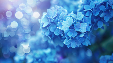 Artistic background of blue hydrangea flowers with a gentle blur effect, emphasizing their vibrant blue tonesの素材