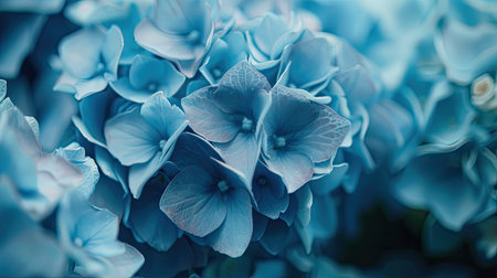 Artistic shot of blue hydrangea flowers with a soft-focus effect, highlighting their vivid hues and delicate formの素材