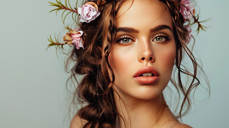 A woman with a half-up braided crown, perfect for a boho lookの素材