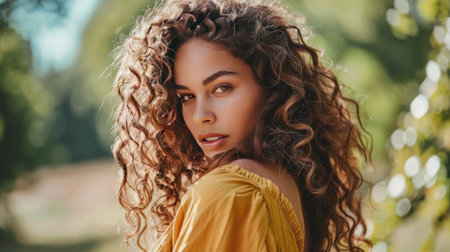 A woman with curly hair styled in loose, bouncy curls, looking over her shoulderの素材