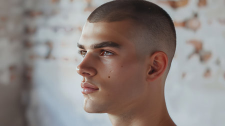 A man with a buzz cut hairstyle, highlighting the clean, minimalist lookの素材
