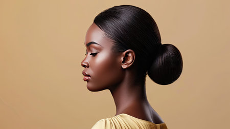 A woman with straight hair, styled in a low bunの素材
