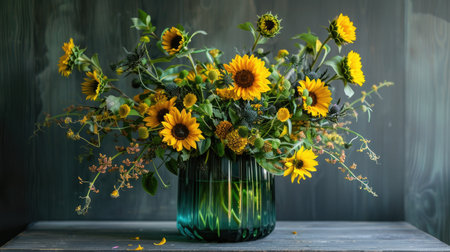 Contemporary glass vase with a gradient design, filled with a dramatic arrangement of yellow sunflowers and mixed foliageの素材