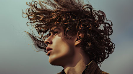 A man with curly hair, styled in a natural and free-flowing mannerの素材