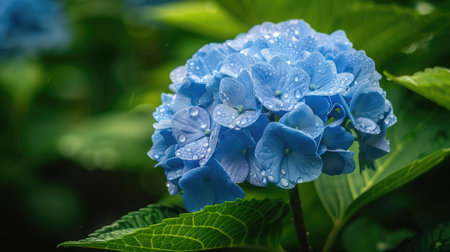 Close-up of a single blue hydrangea blossom with dewdrops on its petals, highlighting its fresh and delicate appearanceの素材