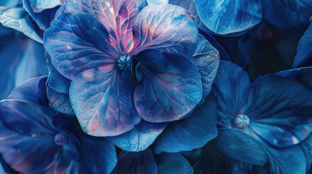 Artistic close-up of blue hydrangea flowers with a focus on their rich color and intricate petal structureの素材