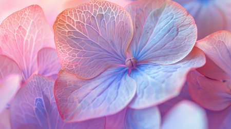 Close-up of hydrangea petals in pastel hues with a focus on their intricate patterns and texturesの素材