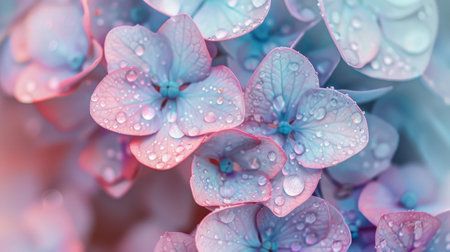 Close-up of pastel hydrangea flower clusters with a touch of morning dew, highlighting their delicate natureの素材