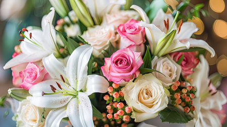 Enchant your decor with the watercolor charm of this bouquet, showcasing delicate lilies and vibrant roses for a refreshing and elegant lookの素材