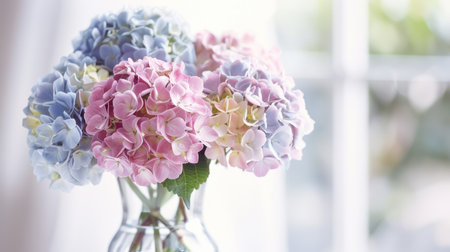 Elegant bouquet of pastel hydrangea flowers arranged in a simple yet sophisticated vaseの素材