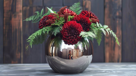 Elegant modern vase with a metallic sheen, displaying a sophisticated arrangement of deep red dahlias and soft green fernsの素材