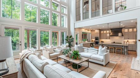 Open-concept living room and kitchen area with high ceilings, large windows, and a neutral color palette for a spacious feelの素材