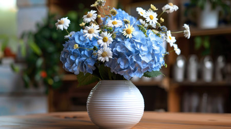 Modern ceramic vase with a smooth, glossy finish, holding a fresh mix of blue hydrangeas and white daisiesの素材