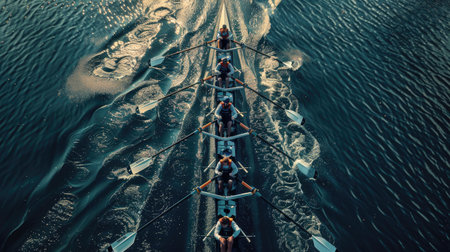 Rowers in a boat rowing in sync during a regattaの素材