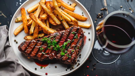 Plated steak with a side of truffle fries and a glass of red wineの素材