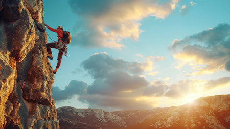 Rock climber scaling a challenging cliff face with determinationの素材