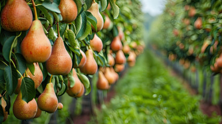 Rows of pear trees in an orchard with ripe fruits hangingの素材