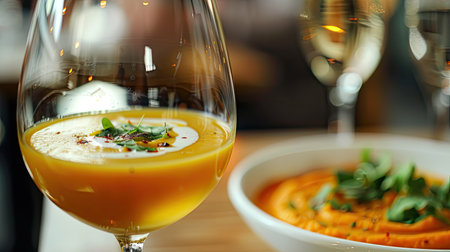 Rich and creamy butternut squash soup, served with a glass of white wineの素材