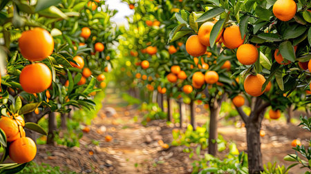 Rows of citrus trees in an orchard with ripe fruits ready for harvestの素材