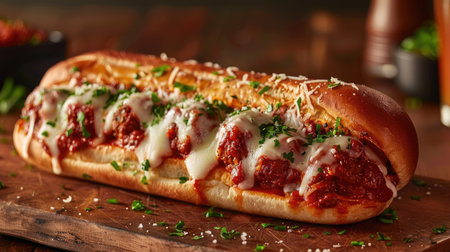 Savory meatball sub with marinara sauce and melted cheese, served in a sub rollの素材