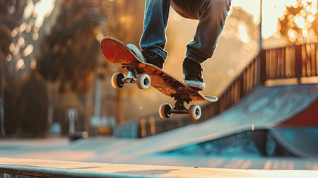 Skateboarder performing a trick mid-air at a skateparkの素材