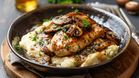 Savory chicken marsala with mushrooms and marsala wine sauce, served with mashed potatoesの素材