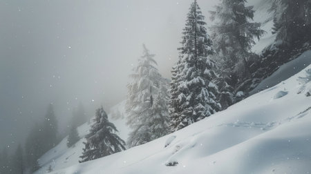 Snow-covered trees on a mountain slope in winterの素材