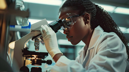 Scientist examining a sample under a microscope in a laboratoryの素材