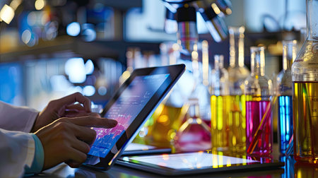 Scientist using a digital tablet to record experiment resultsの素材