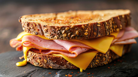 Classic ham and cheese sandwich with mustard, served on rye breadの素材