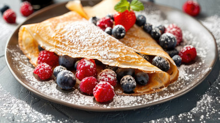 A plate of crepes filled with fresh berries and topped with powdered sugar.の素材