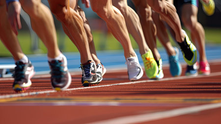 Runners at the starting line of a track race, ready to sprintの素材