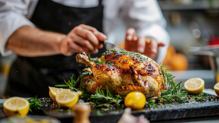 Chef preparing a whole roasted chicken with herbs and lemonの素材
