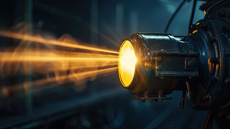 Close-up of a train's headlight shining in the nightの素材