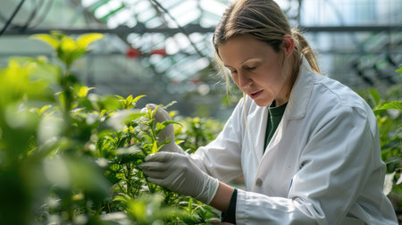 Biologist studying plant samples in a greenhouseの素材