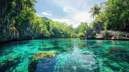 A serene tropical lagoon with crystal clear water and lush greenery surrounding it.の素材