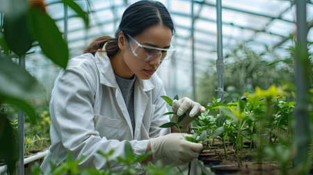 Biologist studying plant samples in a greenhouseの素材