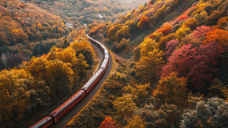 Aerial view of a train winding through a valley surrounded by autumn foliageの素材