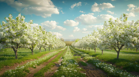A peaceful field with rows of apple trees in full bloom, creating a picturesque orchard.の素材