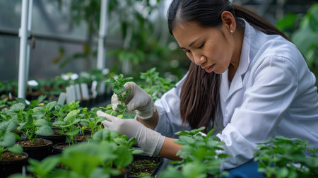 Biologist studying plant samples in a greenhouseの素材