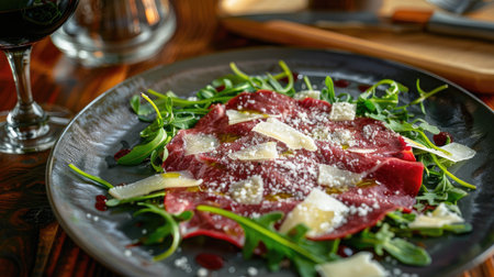 Elegant beef carpaccio with arugula, parmesan, and a drizzle of olive oil, served with a glass of red wineの素材